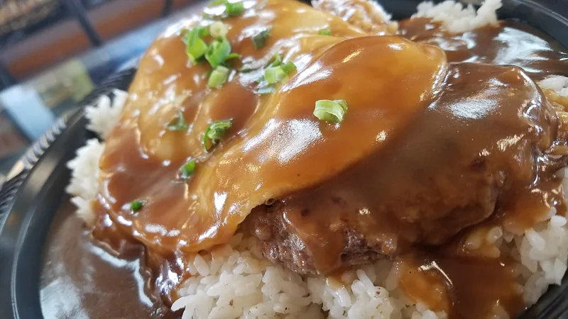 Loco moco with gravy, close up