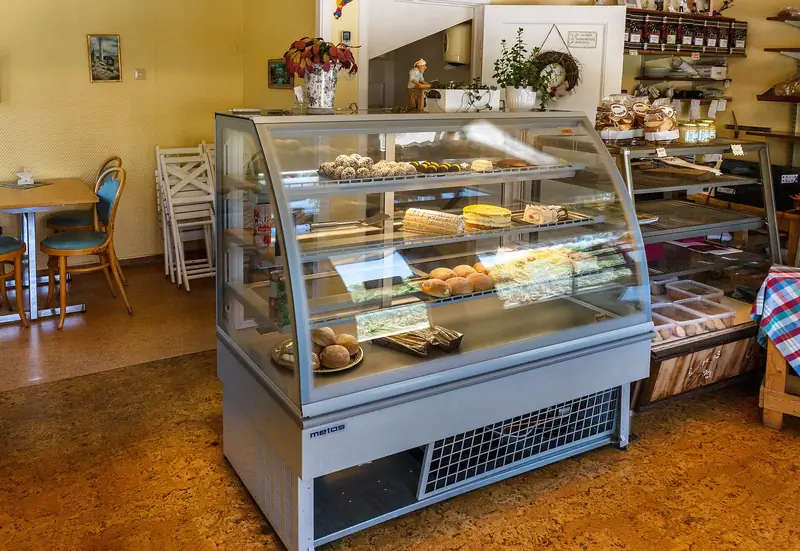 A bakery pastry case